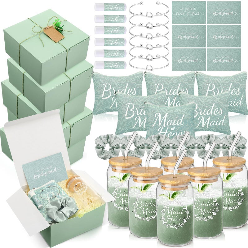 FillTouch 54 Pcs Bridesmaid Proposal Gifts Maid of Honor Gift Include Wedding Gift Box Makeup Bag Invited Card Glass Cup Lip Balm Scrunchie Bracelet for Bridal Shower Bachelorette PartyGreen